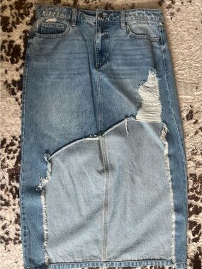 Vici Light Blue Distressed Denim Midi Skirt